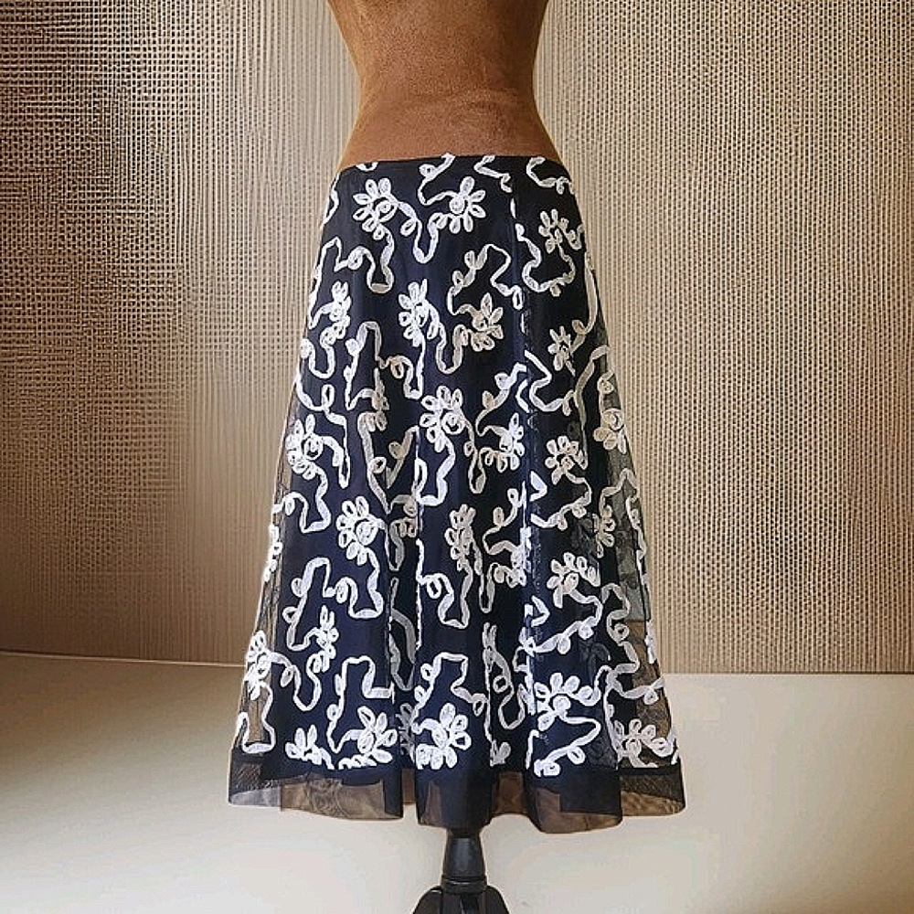 MSK Black Midi Skirt with White Floral Embroidery